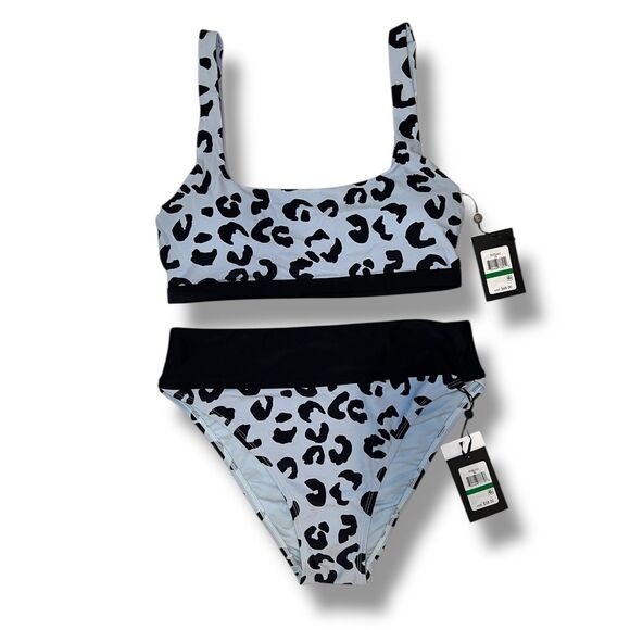 DKNY Leopard Print Bikini Set | High-Waisted Swimwear | Blue White Animal Print - Picture 1 of 8